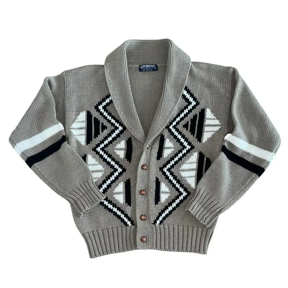 Vintage Puritan Men's Wool Blend Shawl Collar Cardigan Sweater M Aztec Western